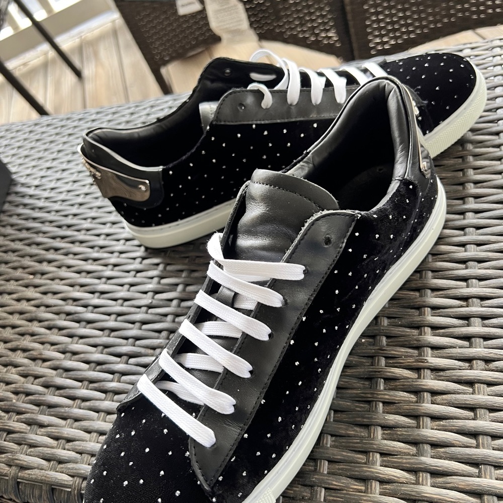 D2 DSQUARED Black velvet leather studded sneakers metallic heel sz 10 / 43 Italy